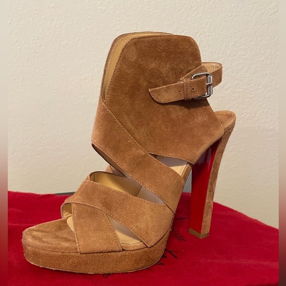 Louboutin brown suede sandal ankle wrap bootie 37.5 - Picture 8 of 15